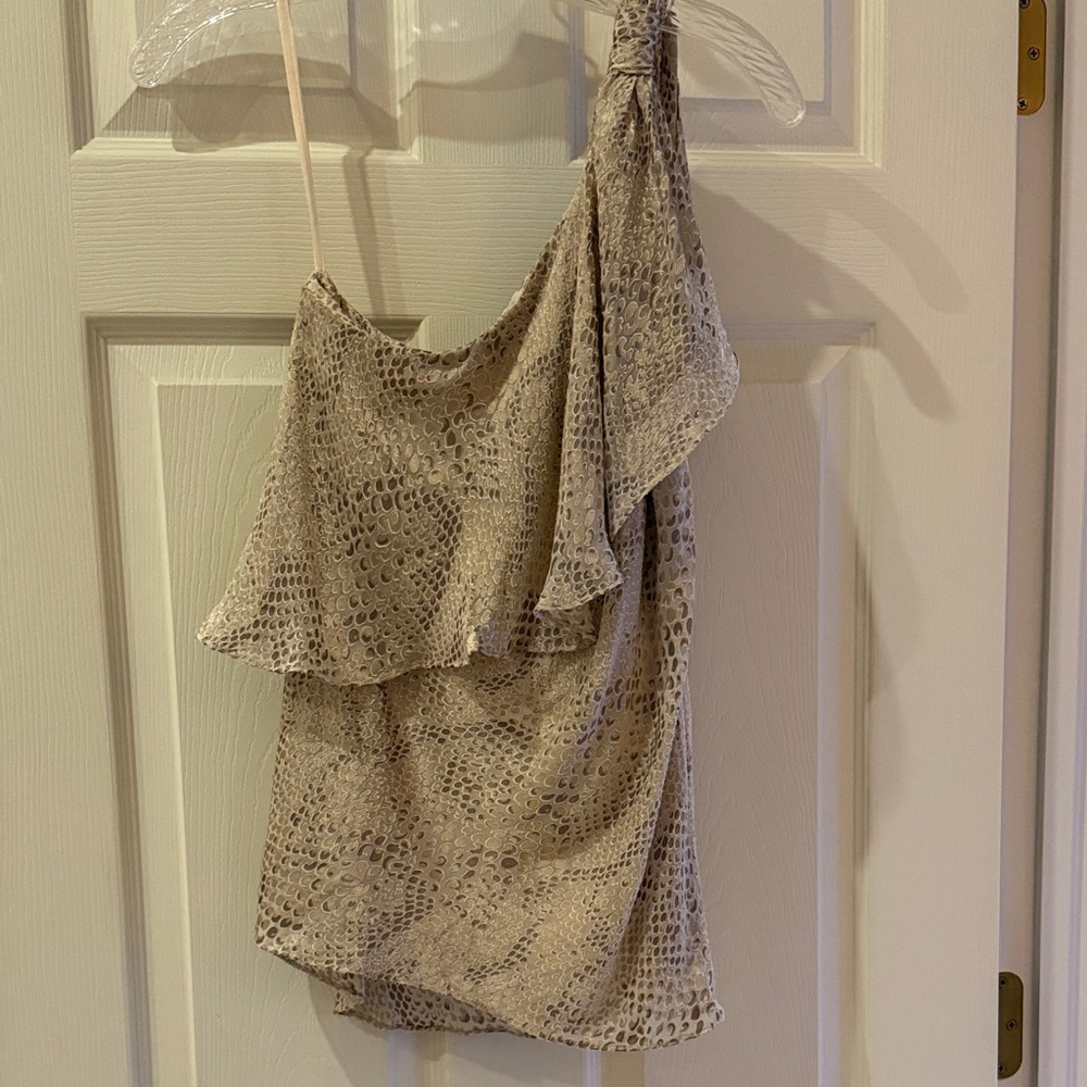White House Black Market Beige Animal Print One-Shoulder Blouse